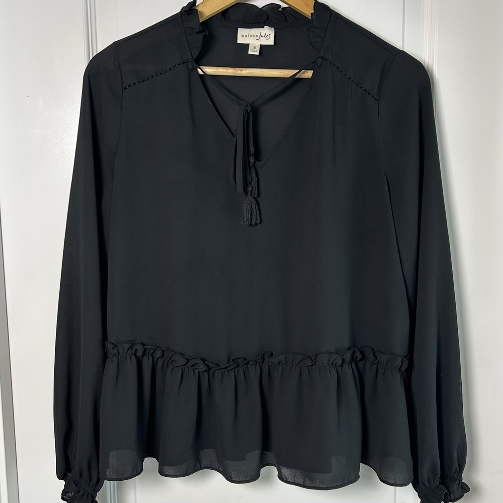 Maison Jules Black Sheer Ruffle Peplum Blouse Top Dark Academia Witchy Style